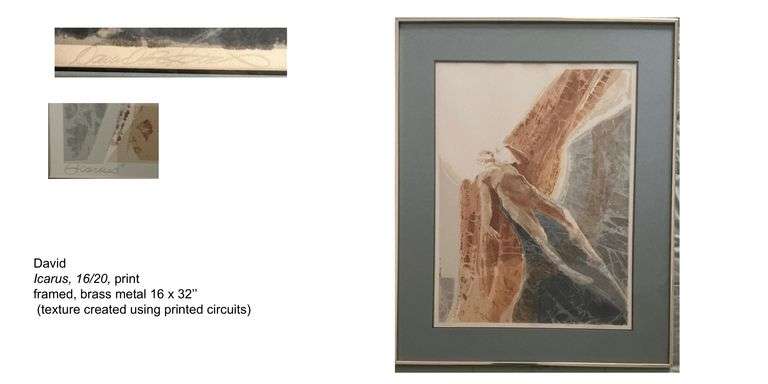 David Icarus 16/20 print in brass metal frame, 16 x 32, (texture created by using printed circuits).