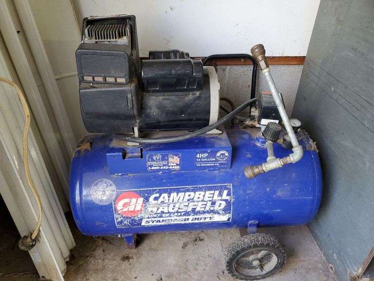 Campbell Hausfeld standard duty, four horsepower, 13 gallon, 125 max PSI air compressor. Powers on and works as it should.