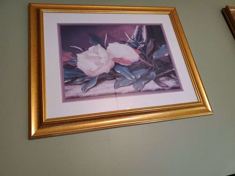 Framed roses print, measures 27-in x33 in. Living room.