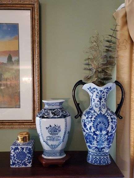 Bombay company porcelain double-handled vase stands 18 in tall, Bombay Company blue and white porcelain vase with wood base measures 13 in tall, Bombay Company Ginger jar stands 6 in tall. Living room