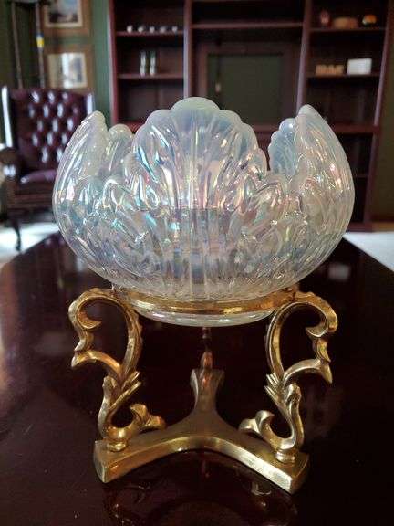 Vintage Fenton Empress Lotus Iridescent Glass Bowl with solid brass stand. Living room