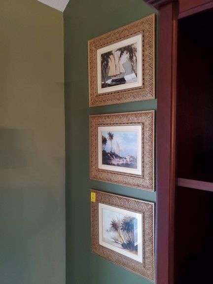 (3) 15-in x 17 in signed prints of Beach and sailboat artworks in matching frames. Living room