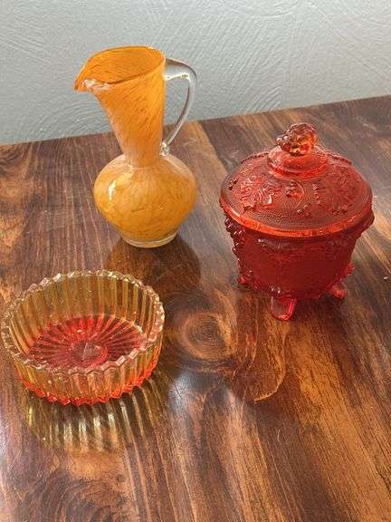Brinn’s orange/opal mini pitcher, oak leaf covered compote, amberina candy dish