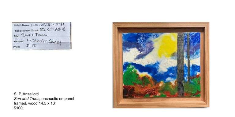S.P. Anzellotti, Sun and Trees, encaustic on panel, unframed, 14.5 x 13, Originally priced at $100