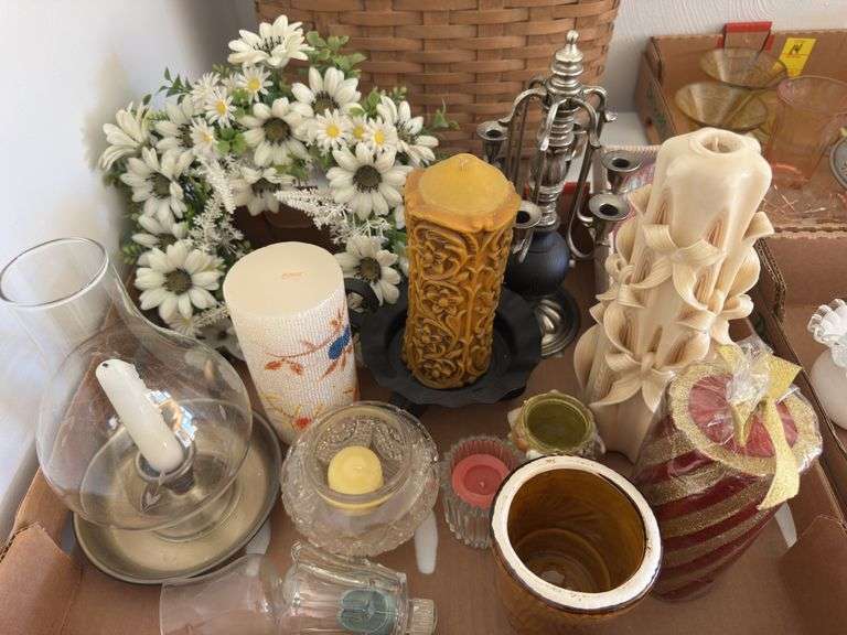 Box of candles and related items