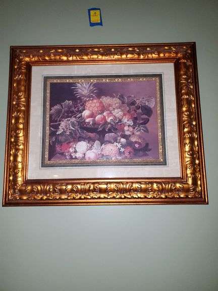Fruit and floral still life measures 24-in by 26 in. Living room