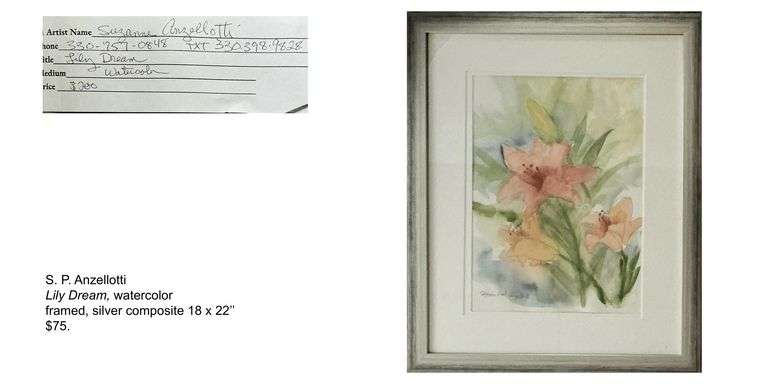 S.P. Anzellotti, Lily Dream, watercolor, silver frame, 18 x 22, Originally priced at $75