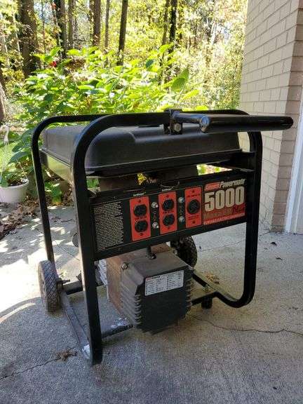 Coleman powermate 5000 Maxa ER Plus portable electric generator. Model number PM0525312.18. Power Rated: 5000 watts. Starts and runs as it should. Garage.