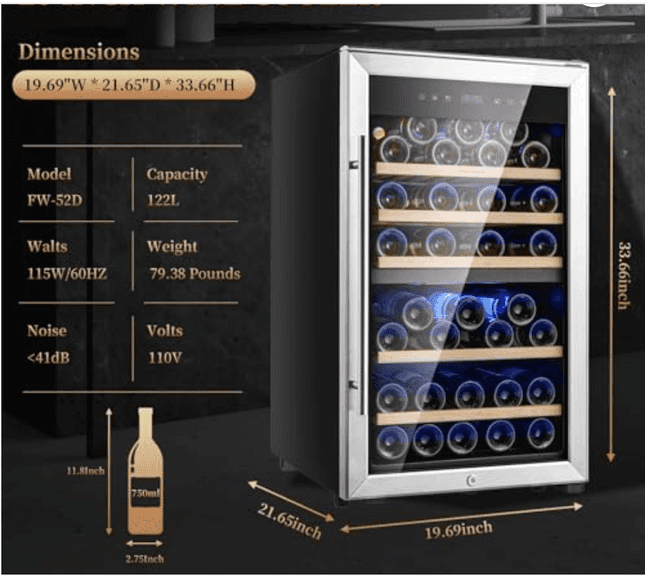 Fovomi model# FW-52D, 52 bottle capacity wine cooler. New in box, never been opened. Measures approximately 37 in H x 23 in D X 22 in W.  Inspect at preview.