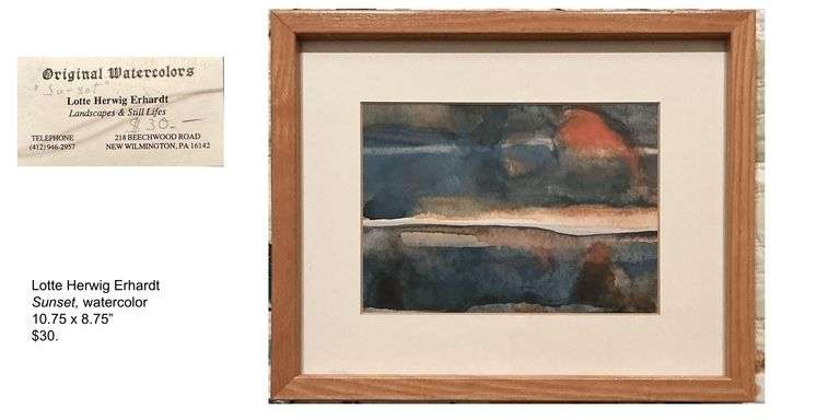 Lotte Herwig Erhardt, Sunset watercolor, wood frame, 10.75 x 8.75, Originally priced at $30