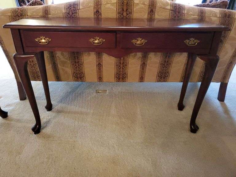 Bombay Queen Anne style wall table with two drawers featuring solid brass pulls, Bombay single drawer end table measures 17 in W x 22 in D X 22 in H. Living room.