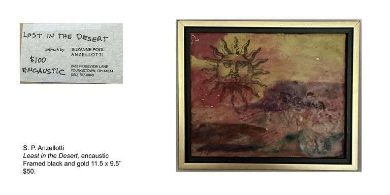 S.P. Anzellotti, Lost in the Desert, encaustic, Black/Gold Frame, 11.5 x 9.5, Originally priced at $50.