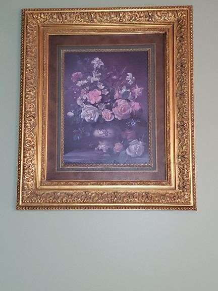 Floral still life in an ornate gold wash frame, signed Albert Williams measures 27-in x24 in. Living room