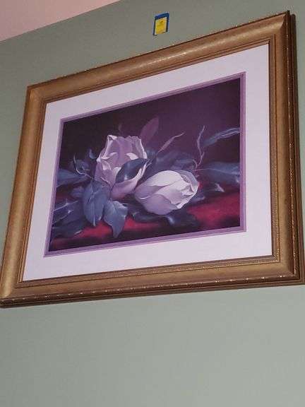 White roses still life in gold wash frame measures 27 in x 32 in. Living room.