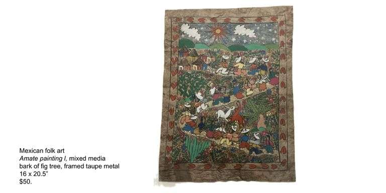 Mexican folk art Amate Painting, mixed media, bark of a fig tree, taupe metal frame, 16 x 20.5, Originally priced at $50