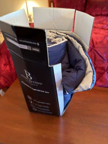 Beyond Basic Queen size reversible comforter set, blue/gray. Master BR