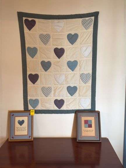 27x36 quilted heart wall hanging and two quilt related framed artwork. Master BR