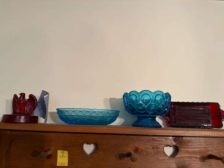 4 pc colored glass: Fenton Spirit of ‘76 eagle, 2 Pc aqua glass and ruby candy tray. Dining room