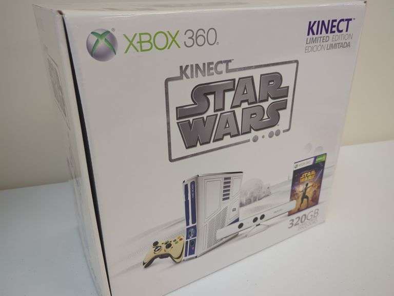 Xbox 360 Kinect limited edition Star wars edition. Sealed. Includes custom design console, connect sensor, wireless controller, 320 GB hard drive, black headset, full game version of Kinect Star wars and Kinect adventures New in box. See photos