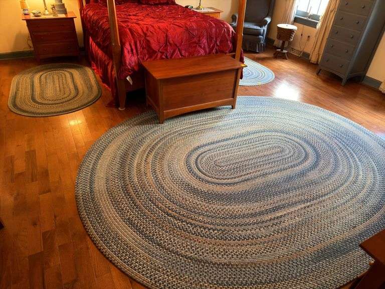 Three piece braided rug set in blue and ivory/tan. 10x8 and (2) 67x43. Master BR