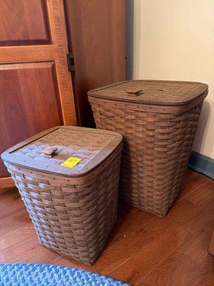 Two wicker storage baskets with wood lids.￼ 17” marked MA 8/79, 22” marked SC 9/79. Master BR