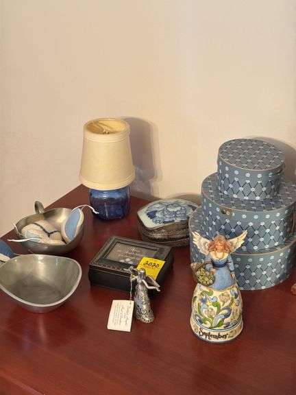 Dresser items including Jim Shore, September Angel, Ganz faithful angels, Holland pewter finger hole heart bowl and other dresser items. Master BR