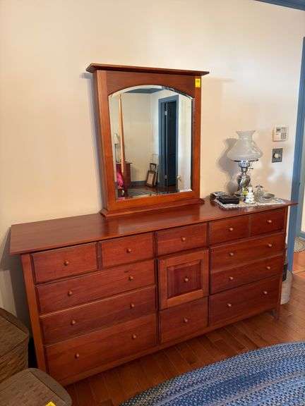 Impressions by Thomasville triple dresser with Mirror (76x69x19), bachelors chest of drawers (38x34x19), and two nightstands (28x26x17). No other contents included. Master BR