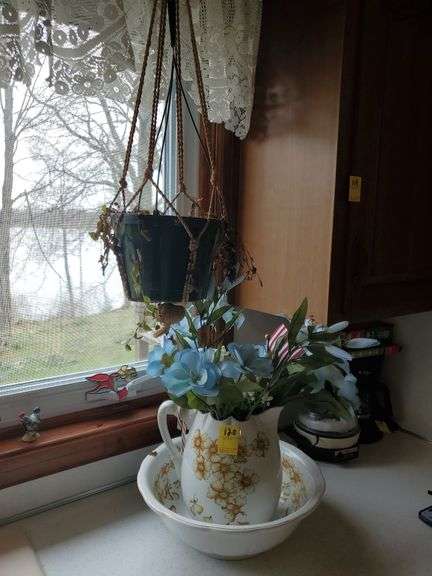 Lotta Pitcher and Bowl set (bowl has crack) and hanging planter.
