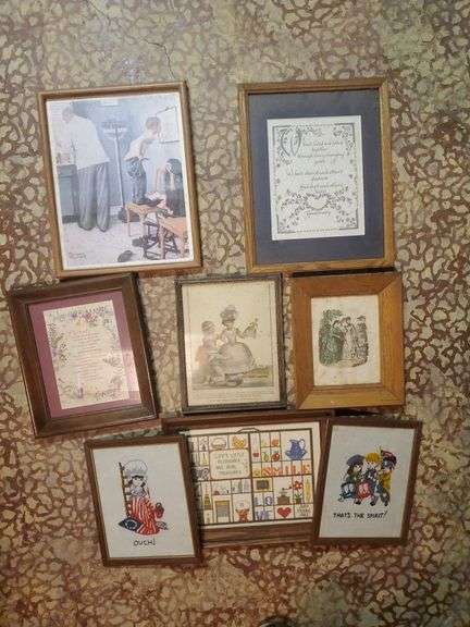 Three cross stitch works featuring Betsy Ross, shadowbox, Fife and drum corps. Also includes framed Norman Rockwell piece inspirational pieces and Victorian style artworks. Sizes range from 12 inch by 15 in down to eight and a half by 11 in. Base