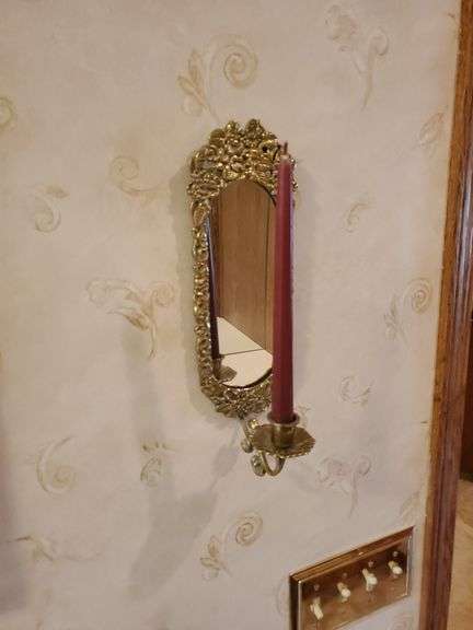 (2) mirrored brass candle sconces, 1 minerature wall shelf with figurine, and framed and matted floral art works by Laurel Lehman 20 in square. All for your bid! Master bathroom