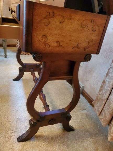 Victorian style vanity stand with lift top and storage drawer measures 32 in W 16 in D X 32 in H and features painted floral design.