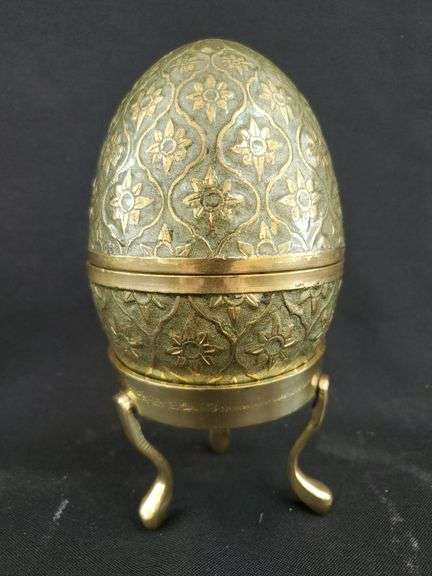 Vintage Brass and Enamel Large Two-Piece Egg with Brass Stand. Made in India