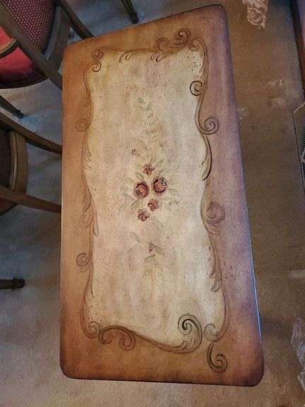 Victorian style vanity stand with lift top and storage drawer measures 32 in W 16 in D X 32 in H and features painted floral design.