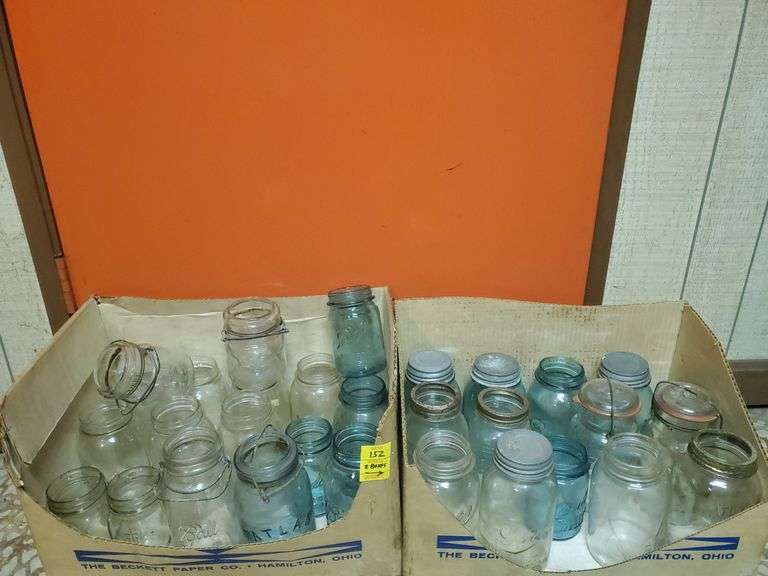 (2) box lot of vintage canning jars by ball and Atlas, including easy seal jars, quarts and pints. Basement