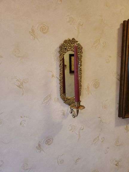(2) mirrored brass candle sconces, 1 minerature wall shelf with figurine, and framed and matted floral art works by Laurel Lehman 20 in square. All for your bid! Master bathroom