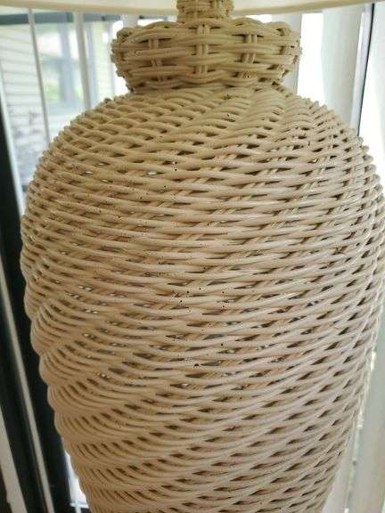 62-in tall wicker floor lamp with fabric shade. Sunroom