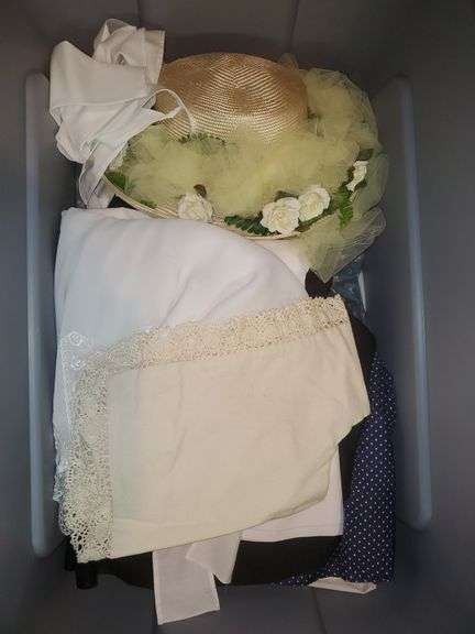 Large tote with lid marked dresses for herb guild. Basement