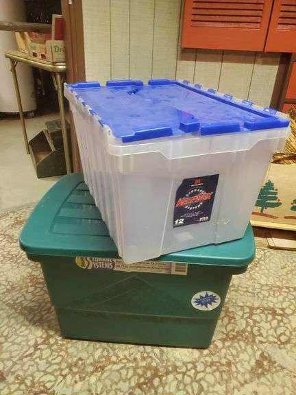 12 gallon Keep box flip top tote, 21 gallon tote with lid. Basement