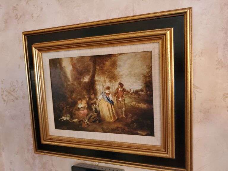Decorative French print artwork measure 12 in by 16 in, toe metallic vase planter. Dining room.