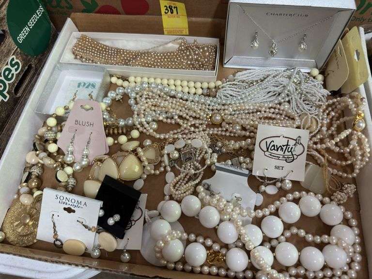 Tray lot of fashion jewelry, including pearls and pearl-like necklaces. New charter club necklace and earring set, other new jewelry.
