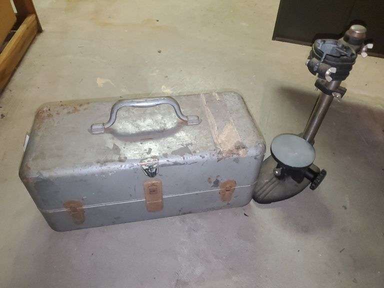 Vintage portable drill press stand measuring approximately 12 in tall, construction hard hat, shoe brushes, metal filing box for index size cards, my buddy vintage tackle box. Basement cabinet.