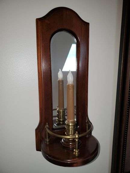 (2) solid wood and brass wall mounted candle sconces with mirrored backs measure 19 in tall, framed and matted landscape print measures 32 in X 26 in. Bedroom hallway