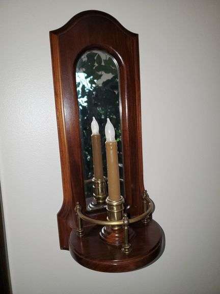 (2) solid wood and brass wall mounted candle sconces with mirrored backs measure 19 in tall, framed and matted landscape print measures 32 in X 26 in. Bedroom hallway