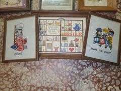 Three cross stitch works featuring Betsy Ross, shadowbox, Fife and drum corps. Also includes framed Norman Rockwell piece inspirational pieces and Victorian style artworks. Sizes range from 12 inch by 15 in down to eight and a half by 11 in. Base