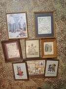 Three cross stitch works featuring Betsy Ross, shadowbox, Fife and drum corps. Also includes framed Norman Rockwell piece inspirational pieces and Victorian style artworks. Sizes range from 12 inch by 15 in down to eight and a half by 11 in. Base