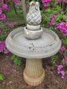 Concrete Bird Bath/ Fountain, Shepherds Hook, and Metal Sun/Moon Yard Art