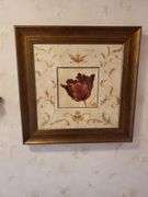 (2) mirrored brass candle sconces, 1 minerature wall shelf with figurine, and framed and matted floral art works by Laurel Lehman 20 in square. All for your bid! Master bathroom