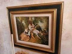 Decorative French print artwork measure 12 in by 16 in, toe metallic vase planter. Dining room.