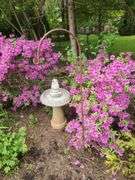 Concrete Bird Bath/ Fountain, Shepherds Hook, and Metal Sun/Moon Yard Art
