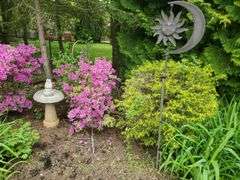 Concrete Bird Bath/ Fountain, Shepherds Hook, and Metal Sun/Moon Yard Art